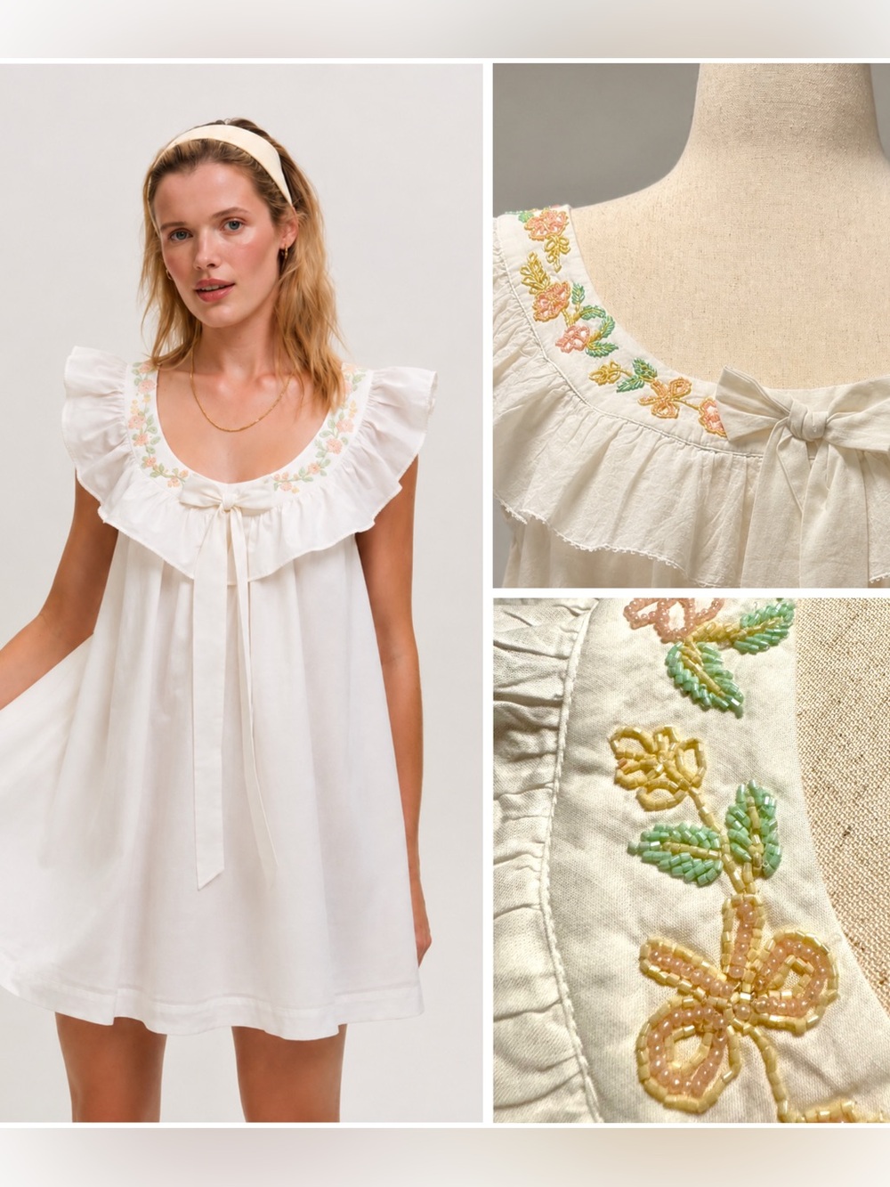NWT (M) For Love & Lemons Cora Retro Cotton Slip Dress Babydoll Nightgown Beaded - Picture 2 of 12